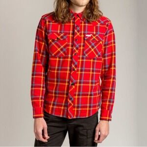 Topo Designs Mens Medium Red Mountain Plaid Flannel Long Sleeve Snap Front Shirt